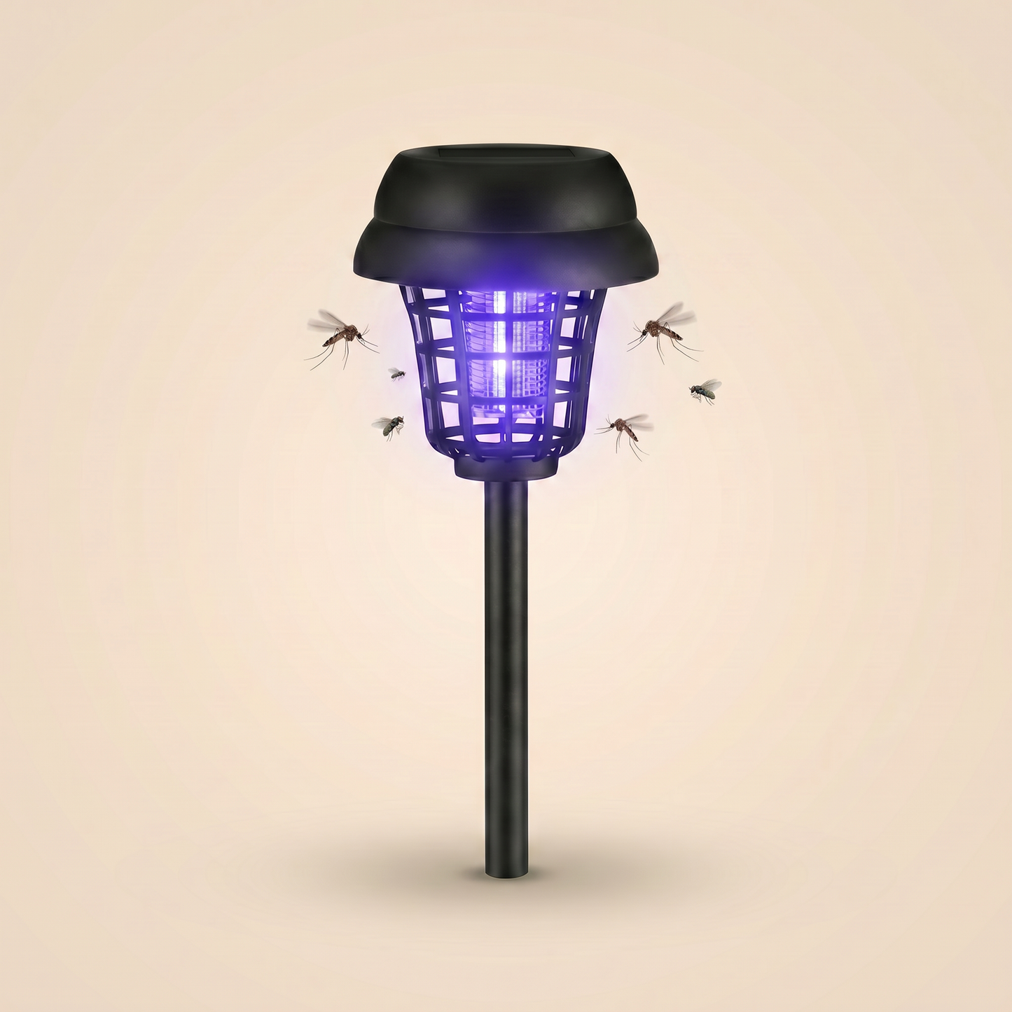 Lampe solaire anti-moustique Soléa sur fond crème, moustiques attirés par la lumière UV bleue