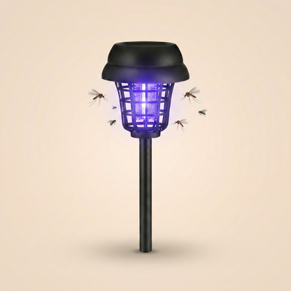 Lampe solaire anti-moustique Soléa sur fond crème, moustiques attirés par la lumière UV bleue