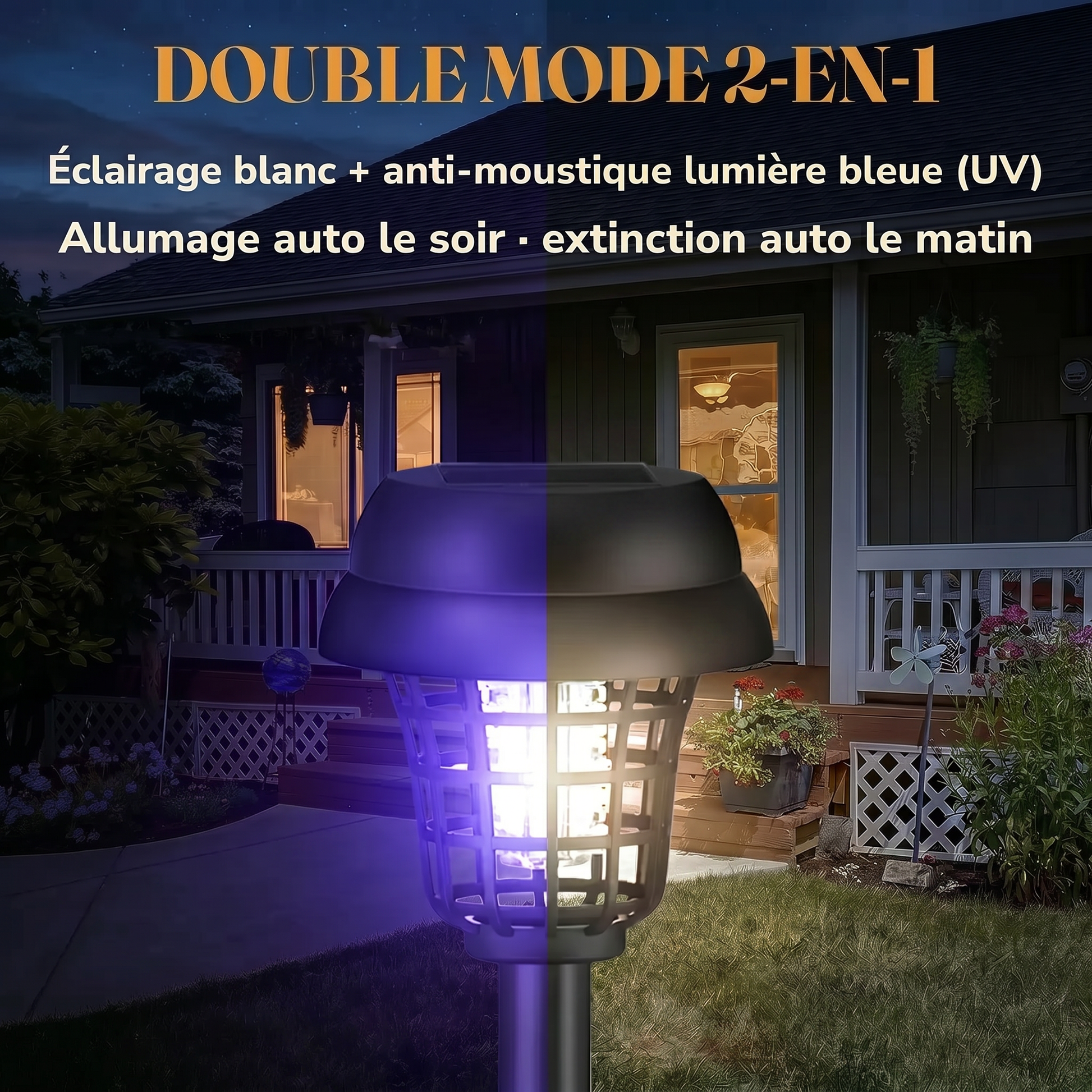 Double mode 2-en-1 Soléa : éclairage blanc + anti-moustique lumière bleue UV, allumage automatique le soir