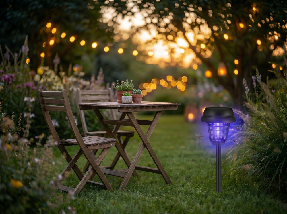 Terrasse le soir avec la lampe Soléa allumée : cosy, sans moustique