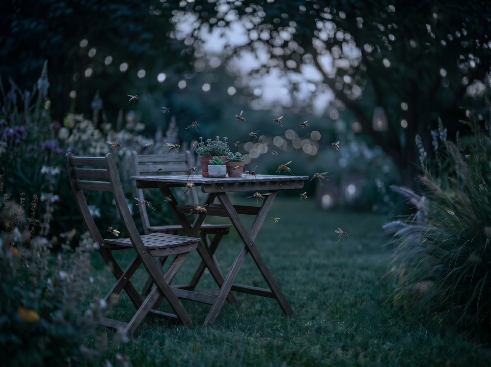 Terrasse le soir sans la lampe Soléa : sombre, moustiques
