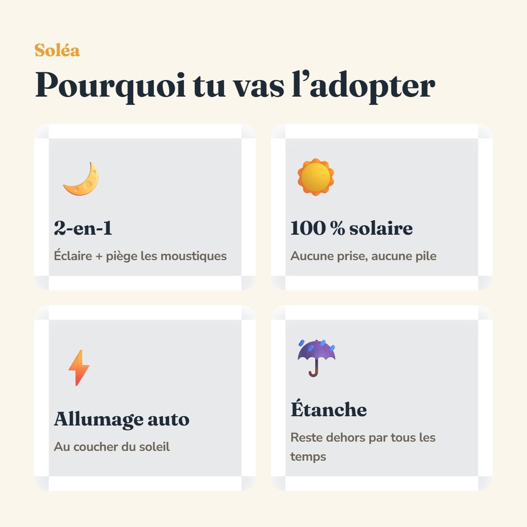 Bénéfices : 2-en-1, 100% solaire, allumage automatique, étanche