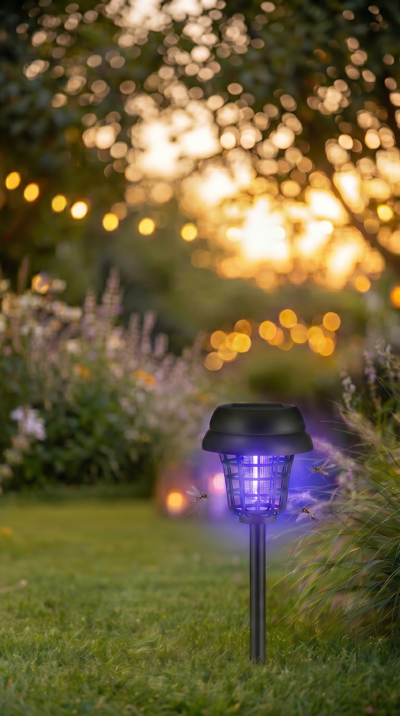 Hero mobile Soléa — lampe solaire anti-moustique dans un jardin au coucher de soleil